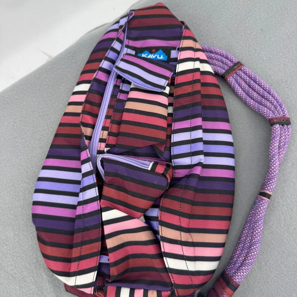 KAVU Rope Sling Bag Purple Pink Multicolor Stripe Crossbody Backpack